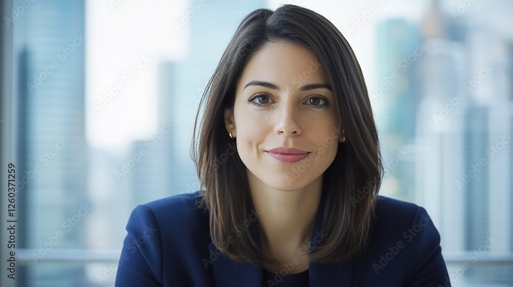 Smiling woman in a suit poses indoors with city view, useful for corporate profile Smiling woman in a suit poses indoors with city view, useful for corporate profile