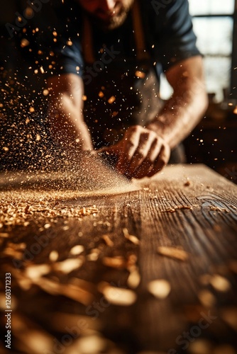 Craftsman Shaping Wood With Flying Wood Shavings