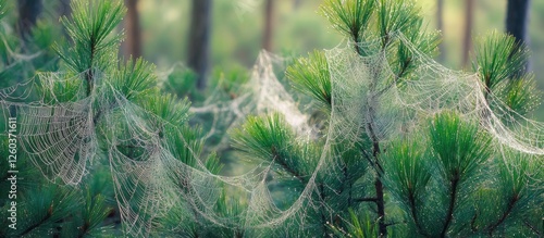 Delicate spider webs glistening in sunlight among lush pine tree branches in a serene forest setting