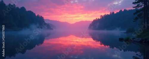 A misty lake reflects the eerie atmosphere of twilight, reflection