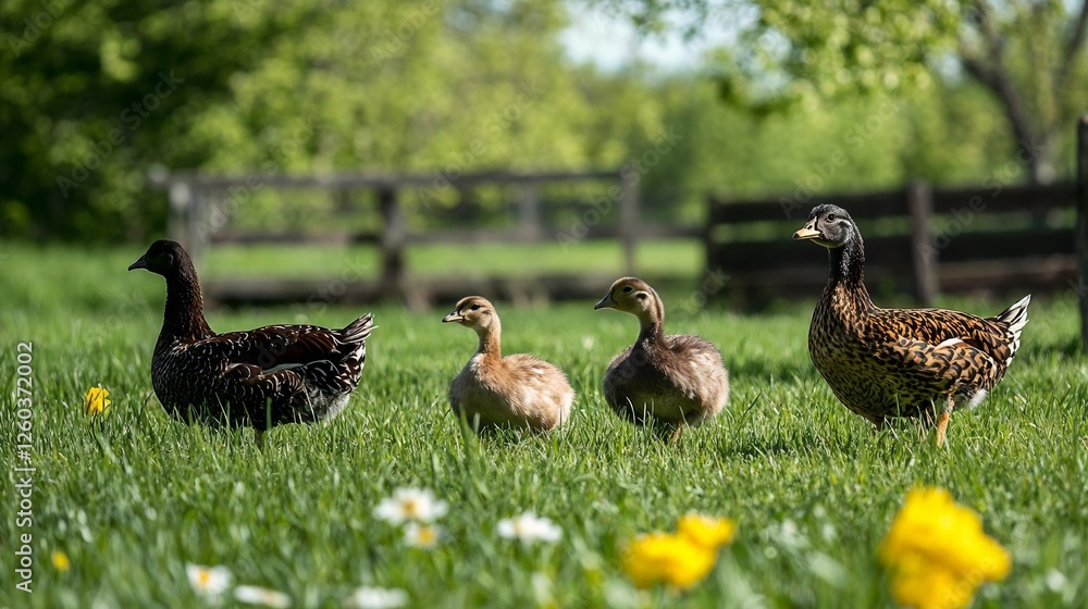 Ducks on green spring meadow with flowers. Perfect for wildlife, farm animals, and natural habitats. Ducks on green spring meadow with flowers. Perfect for wildlife, farm animals, and natural habitats.