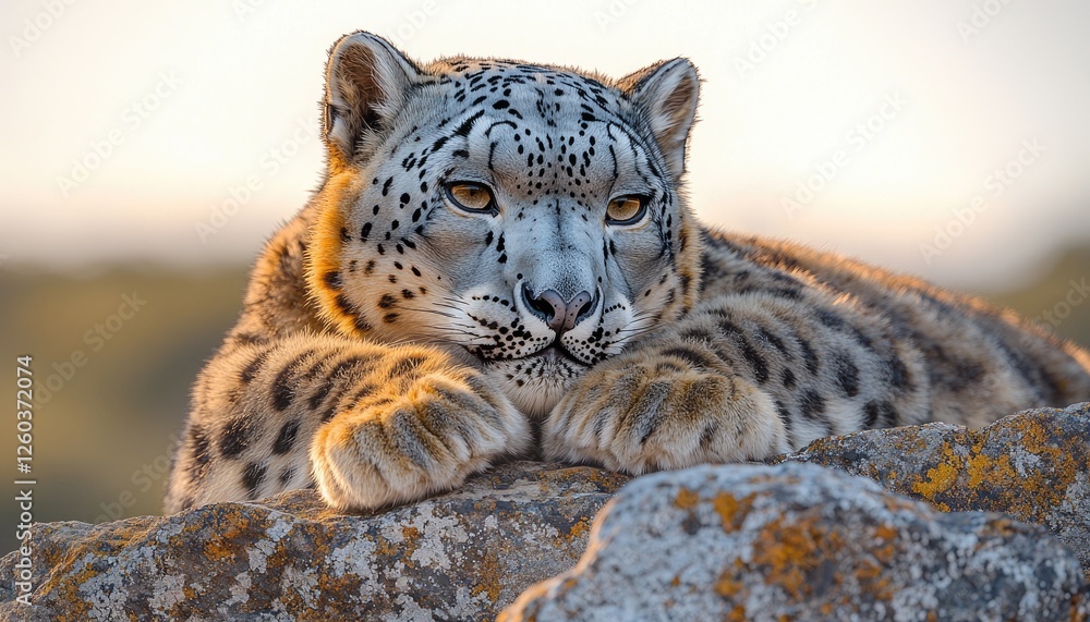 Majestic Snow Leopard Resting on Rocky Outcrop Majestic Snow Leopard Resting on Rocky Outcrop