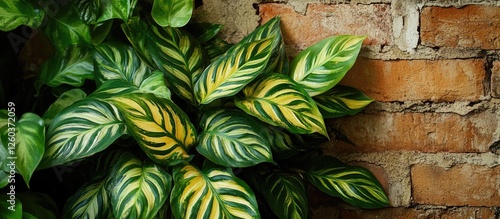 Vibrant striped leaves against a rustic brick wall creating a harmonious nature and architecture contrast photo