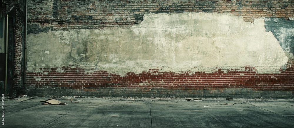 Fototapeta premium Empty grunge urban street with weathered brick wall and industrial backdrop ideal for creative projects and photography backgrounds.
