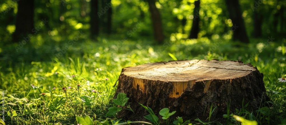 Stump in lush green forest illustrating nature's beauty and deforestation impact with vibrant grass background Stump in lush green forest illustrating nature's beauty and deforestation impact with vibrant grass background