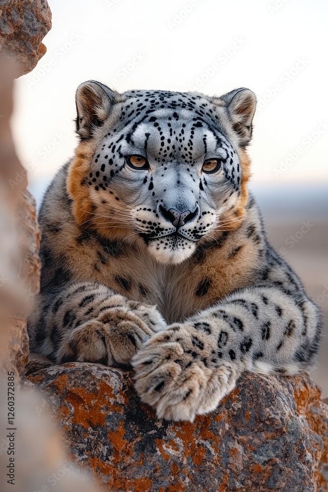 Fototapeta premium Majestic Snow Leopard Resting on a Rocky Outcrop
