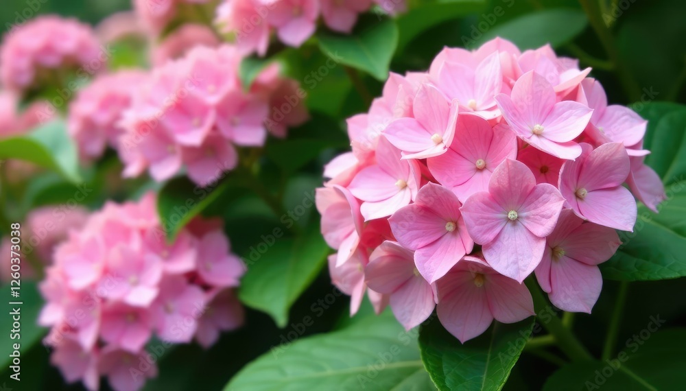 Delicate hydrangea blooms in soft pink hues, nestled among lush green foliage, floral arrangements, blooming flowers Delicate hydrangea blooms in soft pink hues, nestled among lush green foliage, floral arrangements, blooming flowers