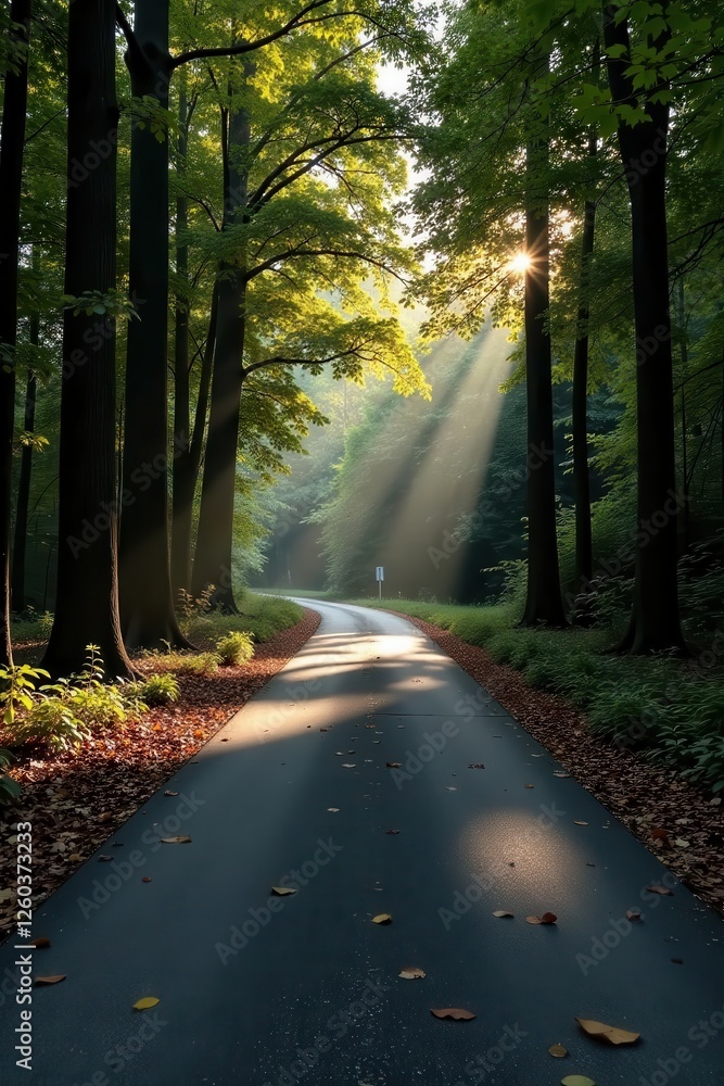 Obraz premium Sunlit Pathway Through Autumnal Woods A Serene Road Winding Through a Canopy of Trees, Bathed in the Golden Light of Dawn