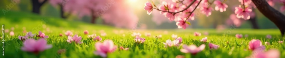 Delicate pink cherry blossom petals scattered on a soft green grass, trees, blooming Delicate pink cherry blossom petals scattered on a soft green grass, trees, blooming