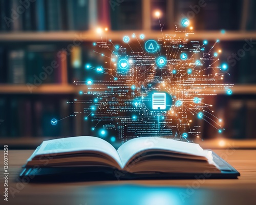 Digital technology knowledge network, futuristic data education concept, electronic learning development screen, modern study information connection with glowing nodes