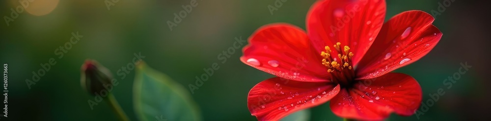Delicate red flower with droplets of dew on its petals, floral, petal, garden