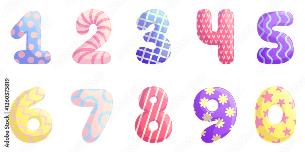 A set of cute numbers for kids. Educational colorful numbers. The concept of a children's anniversary, home decor or kindergarten. Isolated vector illustration for design, prints and patterns. A set of cute numbers for kids. Educational colorful numbers. The concept of a children's anniversary, home decor or kindergarten. Isolated vector illustration for design, prints and patterns.