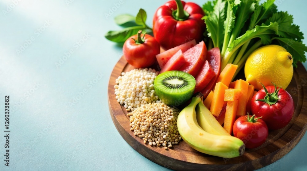 Vibrant and nutritious assortment of fresh fruits, vegetables, and grains arranged on a rustic wooden platter, showcasing a colorful and healthy culinary composition. Vibrant and nutritious assortment of fresh fruits, vegetables, and grains arranged on a rustic wooden platter, showcasing a colorful and healthy culinary composition.