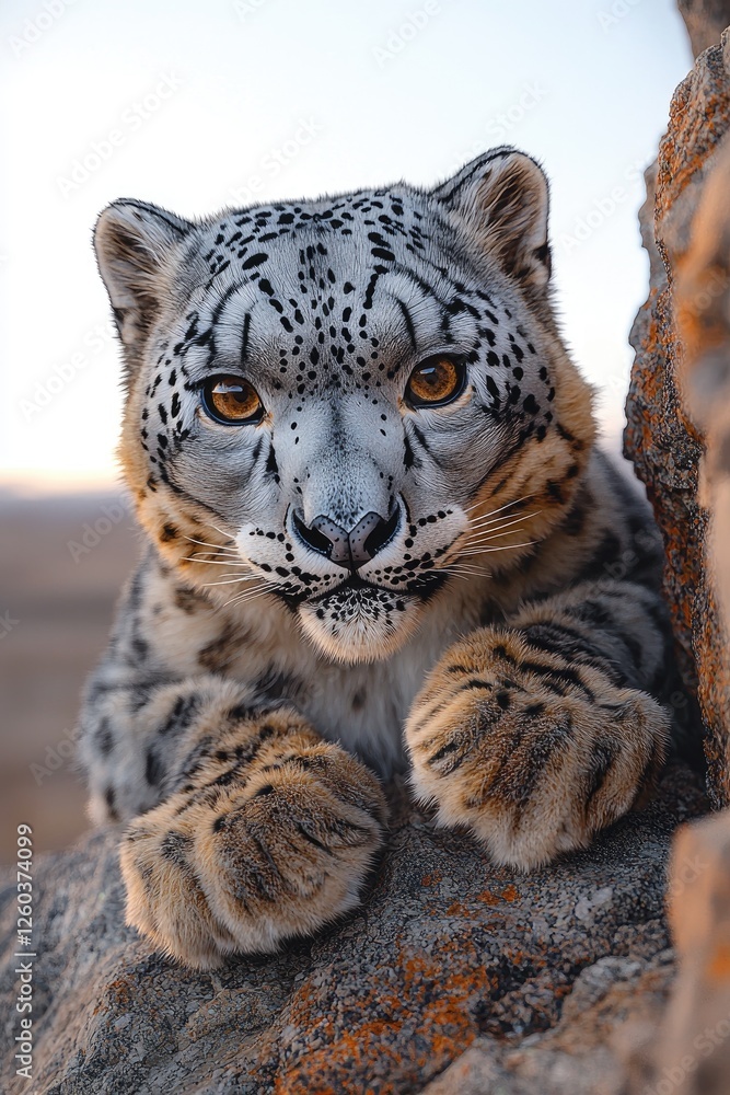 Obraz premium Majestic Snow Leopard Resting on Rocky Mountaintop