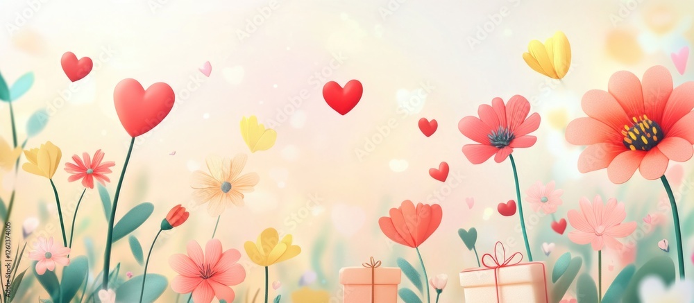 Obraz premium Valentine's Day Spring Festival Floral Card with Hearts and Gifts Celebrating Love and Romance