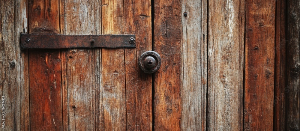 Fototapeta premium Textured wooden door with rich patina and rustic charm showcasing detailed grain and natural hues for vintage and architectural themes.