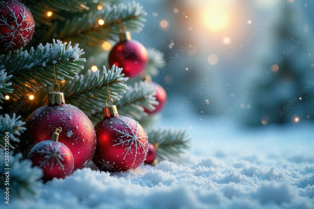Frosty Christmas scene with snowflakes and ornaments, serene background, christmas balls, decorative elements Frosty Christmas scene with snowflakes and ornaments, serene background, christmas balls, decorative elements