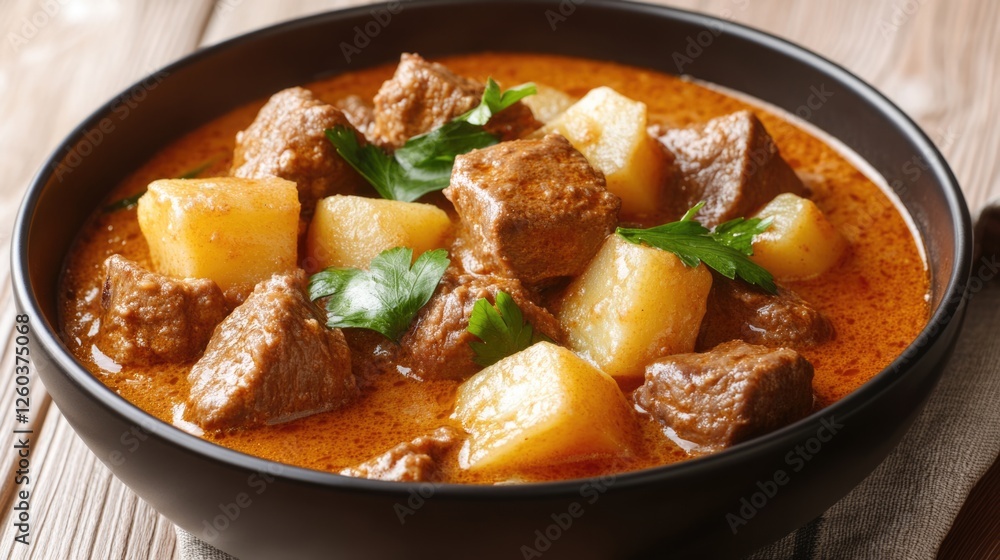 Traditional Thai Massaman Curry with Meat and Potatoes in Coconut Sauce Served in a Bowl with Room for Text Space Traditional Thai Massaman Curry with Meat and Potatoes in Coconut Sauce Served in a Bowl with Room for Text Space
