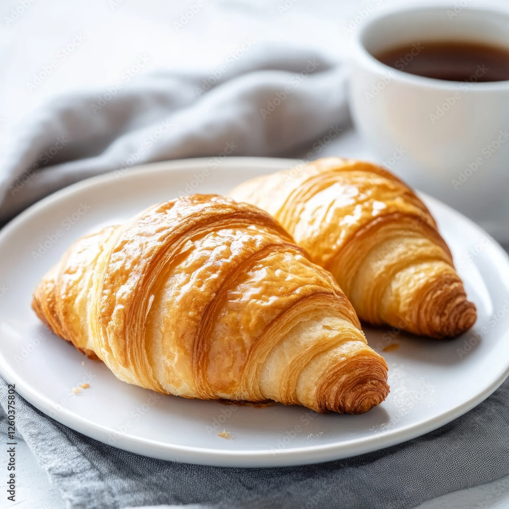 Delicious golden croissants on a plate with a cup of coffee Delicious golden croissants on a plate with a cup of coffee