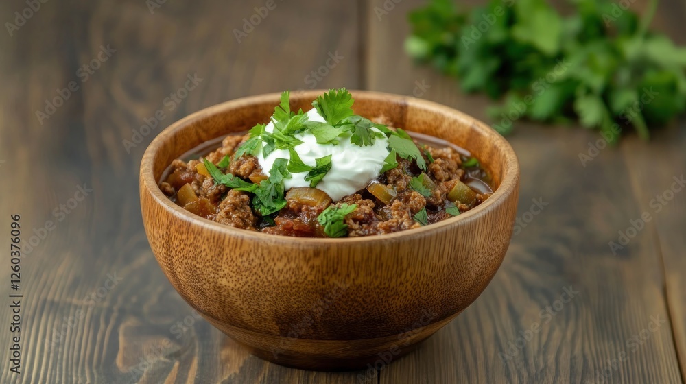 Hearty Bowl of Chili Topped with Sour Cream and Fresh Parsley Hearty Bowl of Chili Topped with Sour Cream and Fresh Parsley