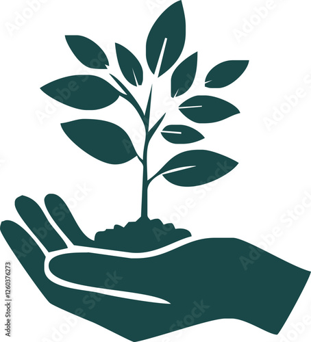 Human hand holding young plant. Nature protection and environmental friendly care symbol. Vector illustration