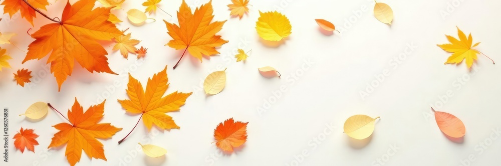 Orange and yellow leaves scattered on a white surface, nature, orange
