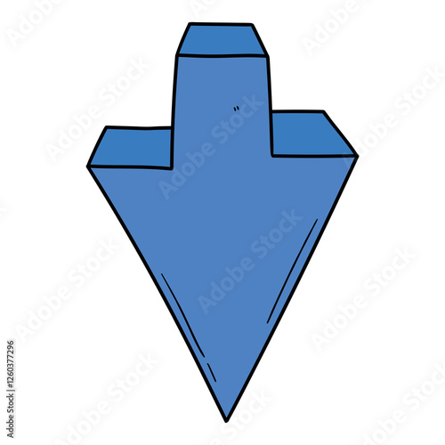 Hand drawn cartoon blue arrow pointing down on white background.
