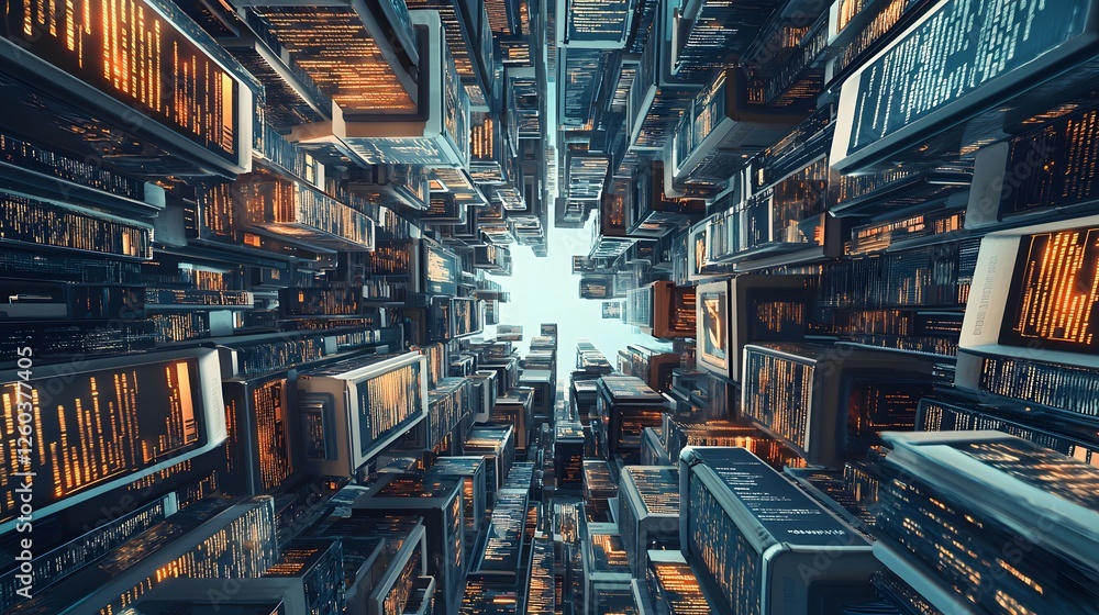 Fototapeta premium Futuristic cityscape background wallpaper urban environment digital art technology perspective high-tech atmosphere