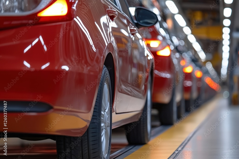 Red cars on assembly line in automotive factory, showcasing manufacturing process, production efficiency, modern technology, automotive industry concept Red cars on assembly line in automotive factory, showcasing manufacturing process, production efficiency, modern technology, automotive industry concept