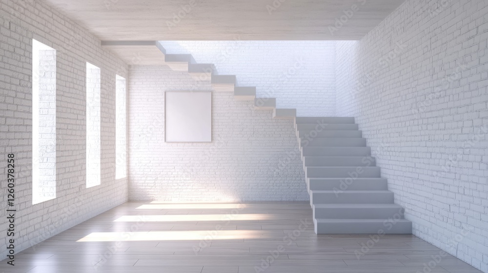 Fototapeta premium Stylish minimal interior design featuring a white brick wall and wood parquet floor with stairs and ample empty space for text or art.