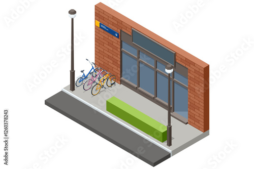 Isometric vector of a bike parking area near a building entrance with bicycles, street lights, and urban elements. Outdoor bicycle parking