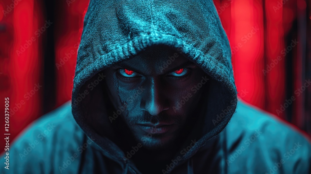 Mysterious serial killer portrait with ominous atmosphere featuring glowing eyes and dark hoodie against a dramatic red backdrop Mysterious serial killer portrait with ominous atmosphere featuring glowing eyes and dark hoodie against a dramatic red backdrop