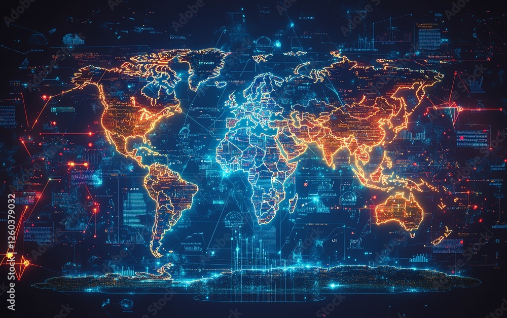 Obraz premium Detailed depiction of global finance law with scales of justice on a world map, filled with stock market symbols, bright neon financial symbols, intricate world map design