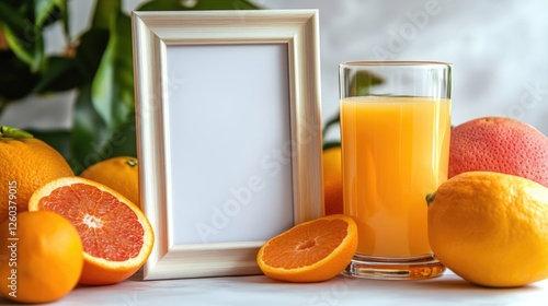 Refreshing summer positivity with citrus fruits and a blank frame for uplifting affirmation messages on a bright background. photo