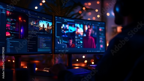 A focused individual working on video editing in a dimly lit room. The dual monitors display vibrant visuals and timelines, creating a creative atmosphere perfect for digital work.