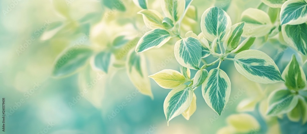 Fototapeta premium Variegated leaves of Euonymus fortunei creating a serene and soft botanical background in natural light. Perfect for nature-themed projects.