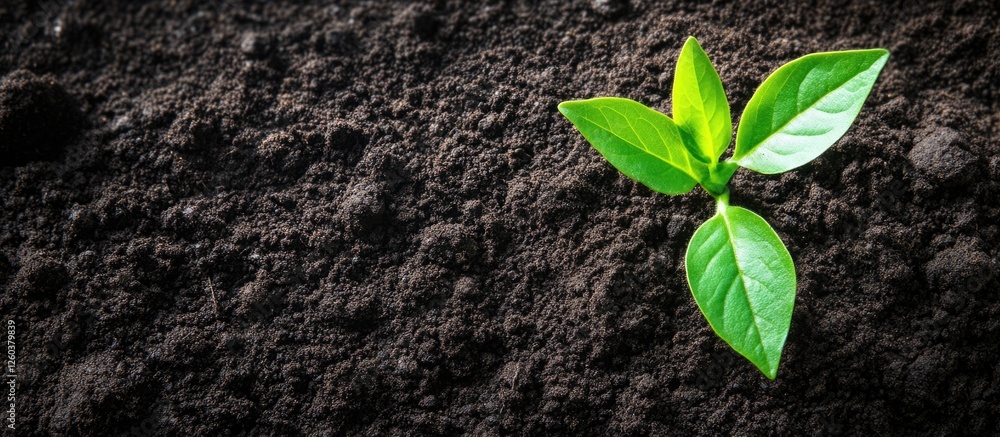 Naklejka premium Freshly Cultivated Soil Texture with Young Plant Growth Ideal for Nature or Gardening Themes and Blank Space for Creative Text Integration