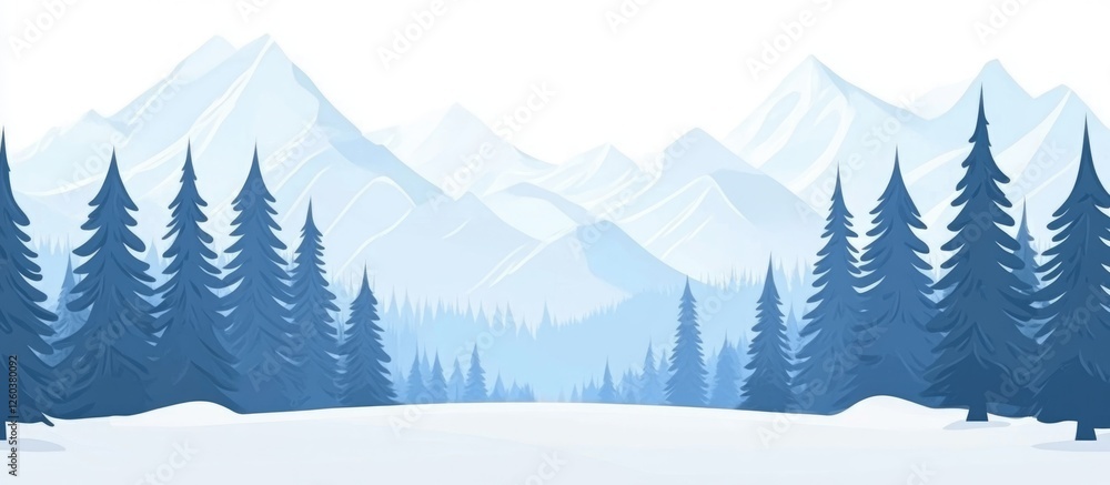 Fototapeta premium Winter landscape with tall evergreen trees and snow-capped mountains, featuring an empty area ideal for adding text or messages.
