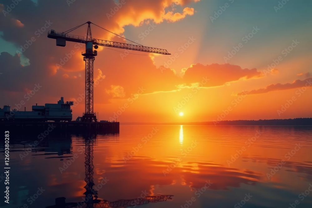 Tower crane is reflected in the calm surface of water as sunset approaches, orange, golden Tower crane is reflected in the calm surface of water as sunset approaches, orange, golden