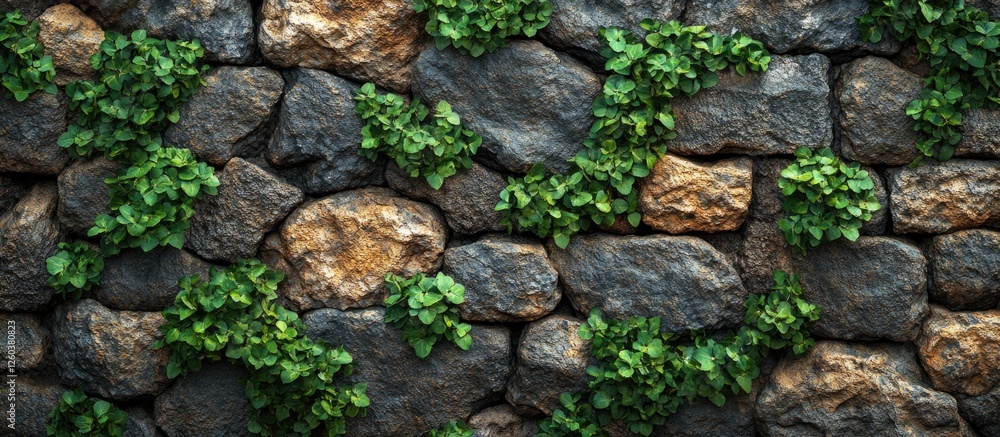 Stone wall with lush green plants growing in between, close-up view showcasing natural textures and colors in Rishon Le Zion. Stone wall with lush green plants growing in between, close-up view showcasing natural textures and colors in Rishon Le Zion.