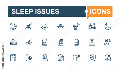 Sleep Issues collection. Includes icons for bullying, bedding, behaviour, dream, deprivation, man, trouble and more. Isolated icon. Solid line editable stroke. Vector line and solid icons.