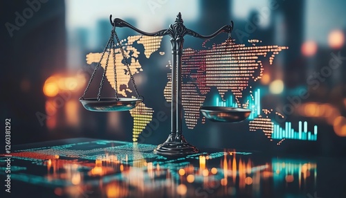 Hightech global finance law concept with scales of justice superimposed on a world map, filled with stock market symbols, digital grid, and glowing financial data points photo