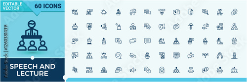 Set of Speech And Lecture line icons. Icons voice, businessman, person, speaker, mark and more. Set of line pictogram. Vector outline and solid icons collection.
