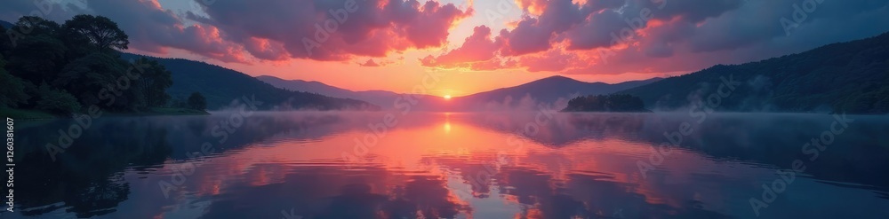A peaceful lake with fire elements in the distance, peaceful, tranquility A peaceful lake with fire elements in the distance, peaceful, tranquility