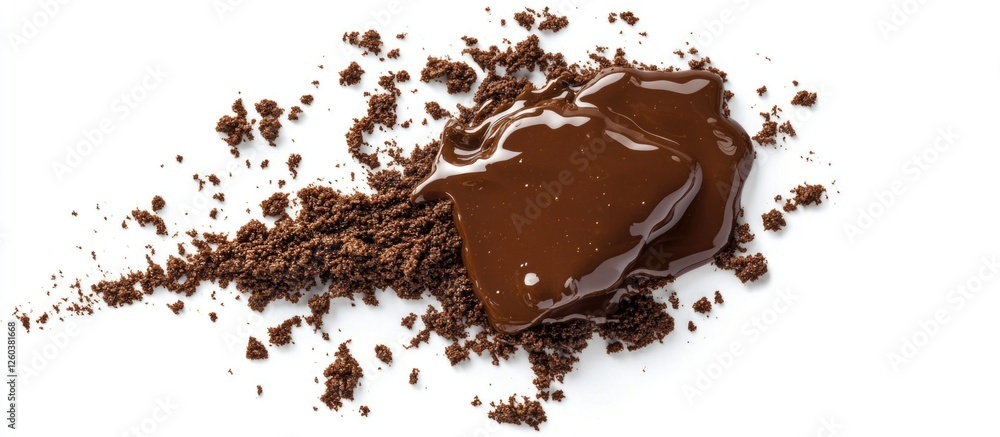 Coffee spill with grounds isolated on white background top view creating a messy, textured brown surface for creative compositions or design. Coffee spill with grounds isolated on white background top view creating a messy, textured brown surface for creative compositions or design.