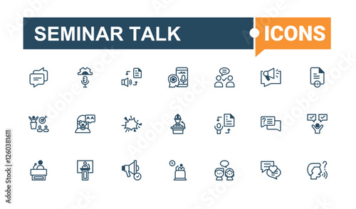 Seminar Talk minimal icon set. Contains related to education, speaking, professional, speaker, training, lecture, person and more. Outline icon. Outline and solid pictogram.
