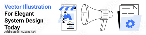 Shopfront on mobile app with user, megaphone for announcements, and organized document folder. Ideal for e-commerce, advertising, automation, strategy, planning, technology flat landing page banner