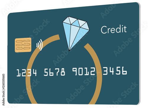 A credit card features a diamond engagement ring in the card design in this illustration about wedding expenses charged to credit cards.