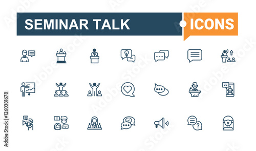 Seminar Talk minimal icon set. Contains related to education, speaking, professional, speaker, training, lecture, person and more. Outline icon. Outline and solid pictogram.