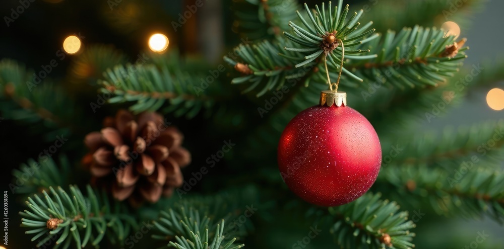 A red ornament hung from the branch of an evergreen Christmas tree amidst pinecones and fir branches, christmas, tree, decorations A red ornament hung from the branch of an evergreen Christmas tree amidst pinecones and fir branches, christmas, tree, decorations